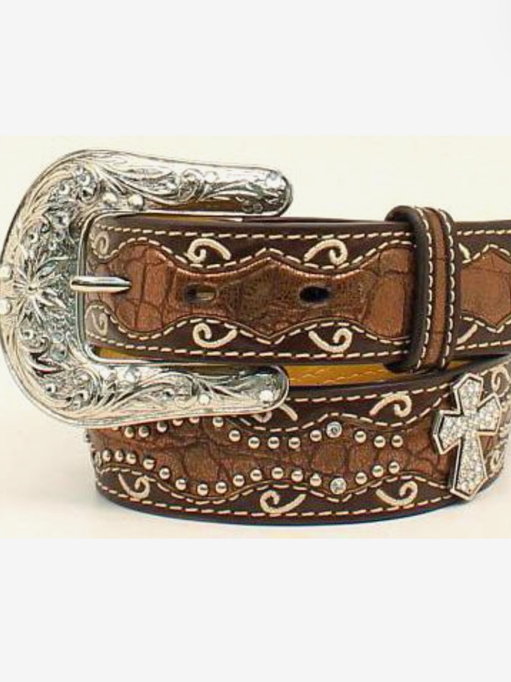 Ariat Girl Brown Western Leather Belt with Croc Print and Silver Cross and Studs